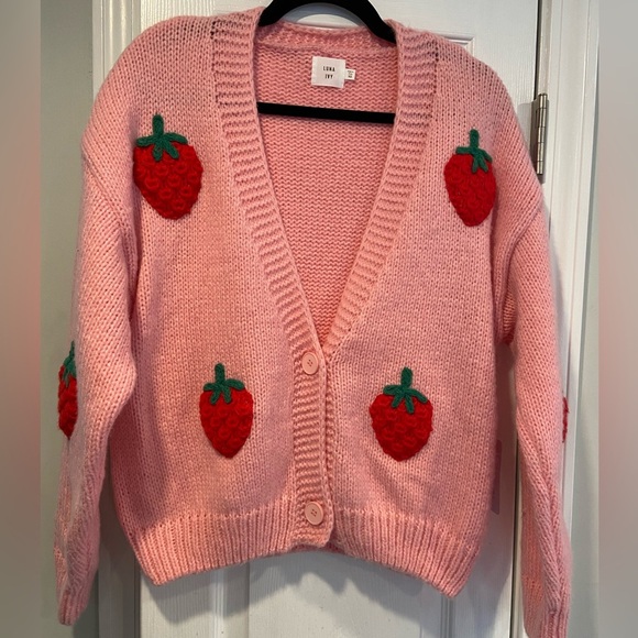 NWT Luna Ivy Anthropologie Size XS Pink Knit Cardigan 3D Appliqué Strawberries - Picture 1 of 12